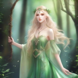 A full-body image of a druid elf princess with long wavy blonde hair and green eyes, embodying the fairycore aesthetic