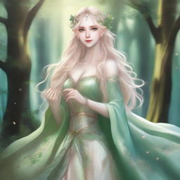 A full-body image of a druid elf princess with long wavy blonde hair and green eyes, embodying the fairycore aesthetic