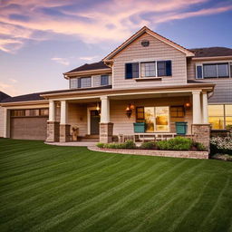 Beautiful suburban house bathed in the warm glow of the setting sun, with perfectly manicured front lawn and a cozy front porch.