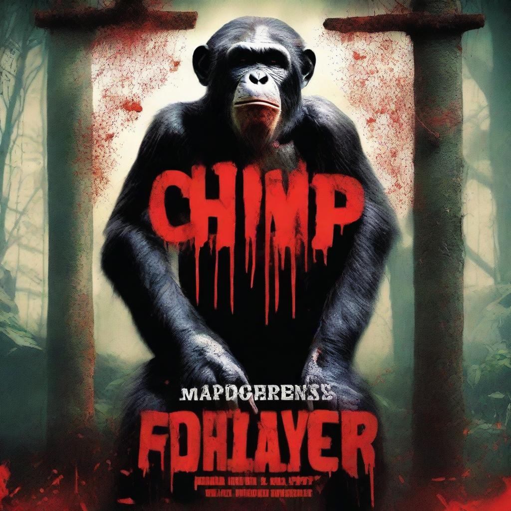 A movie poster featuring a chimpanzee covered in blood standing in front of the Holloway Wildlife Park sign