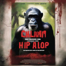 A movie poster featuring a chimpanzee covered in blood standing in front of the Holloway Wildlife Park sign