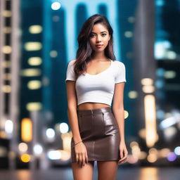 A stylish young woman wearing a fashionable miniskirt, standing confidently in a modern urban setting