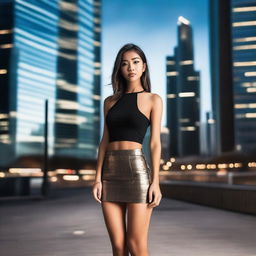 A stylish young woman wearing a fashionable miniskirt, standing confidently in a modern urban setting