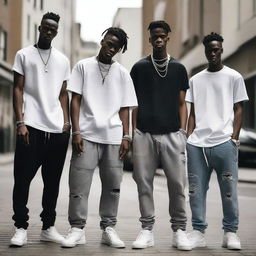 A group of young men wearing sagging pants, standing in an urban environment