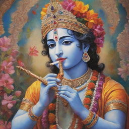 A detailed and vibrant illustration of Krishna as depicted by ISKCON, adorned in beautiful, colorful traditional attire and playing his iconic flute.