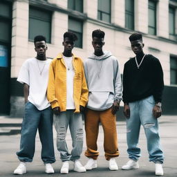 A group of young men wearing sagging pants, standing in an urban environment