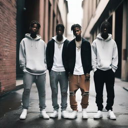 A group of young men wearing sagging pants, standing in an urban environment