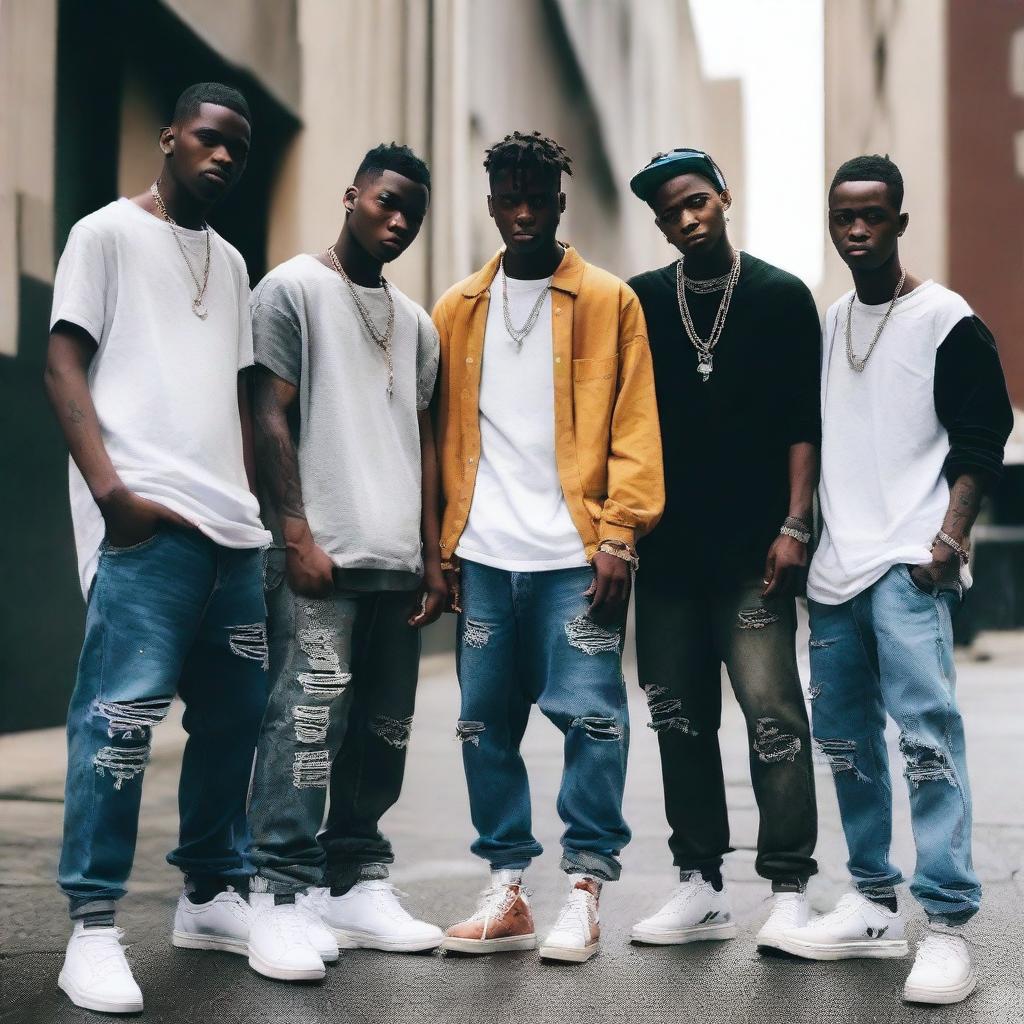 A group of young men wearing sagging pants, standing in an urban environment