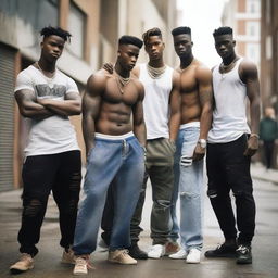 A group of young men wearing sagging pants with their underwear showing, standing in an urban environment