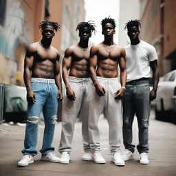 A group of young men wearing sagging pants with their underwear showing, standing in an urban environment