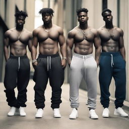 A group of young men with big butts wearing sagging pants with their underwear showing, standing in an urban environment