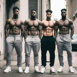 A group of young men with big butts wearing sagging pants with their underwear showing, standing in an urban environment