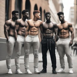 A group of young men with big butts wearing sagging pants with their underwear showing, standing in an urban environment