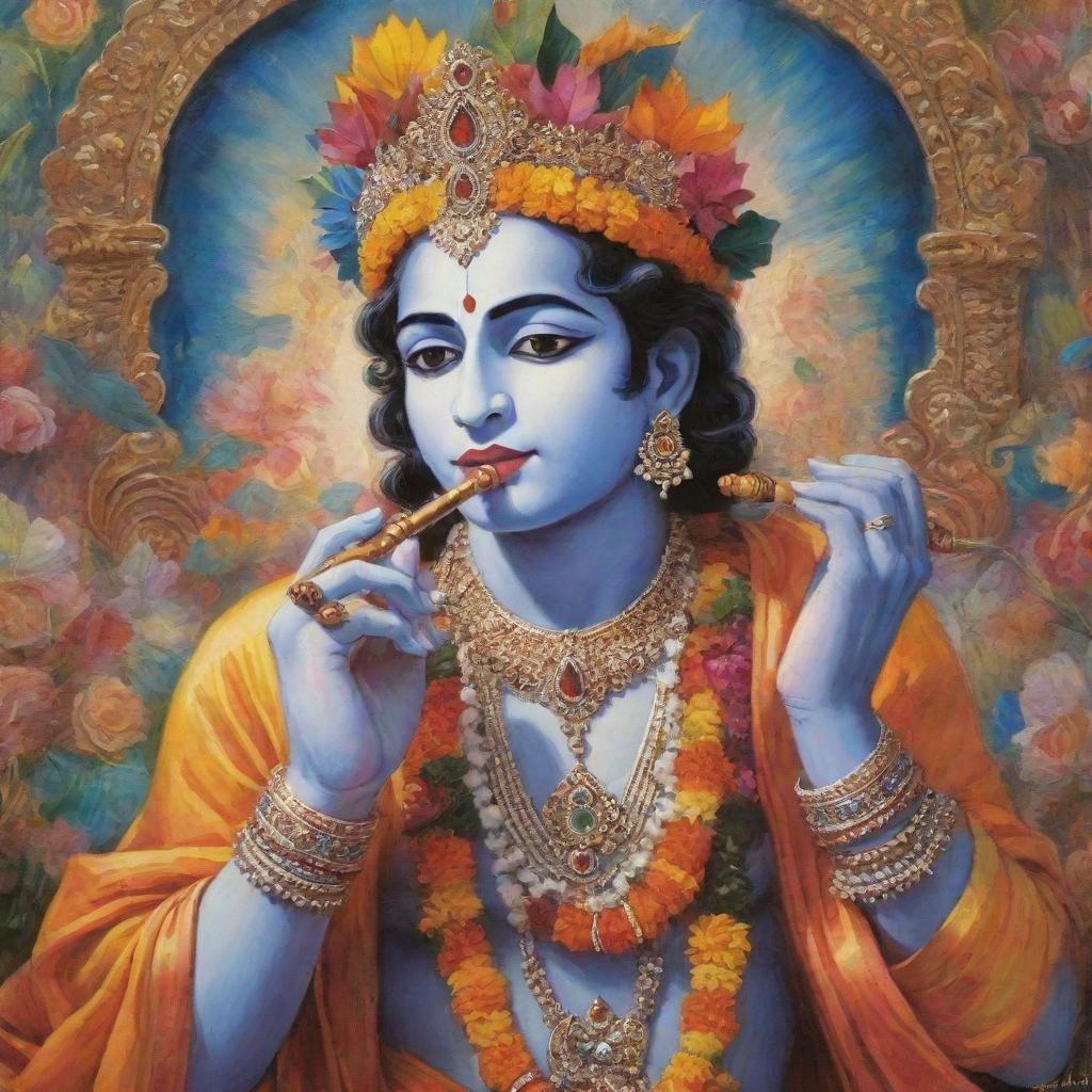 A detailed and vibrant illustration of Krishna as depicted by ISKCON, adorned in beautiful, colorful traditional attire and playing his iconic flute.