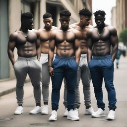 A group of young men with big butts wearing sagging pants with their underwear showing, standing in an urban environment