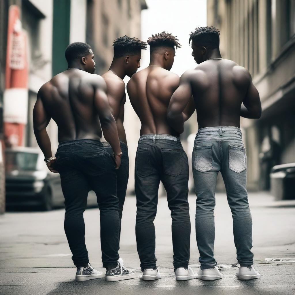 A group of young men with big butts wearing sagging pants with their underwear showing, standing in an urban environment