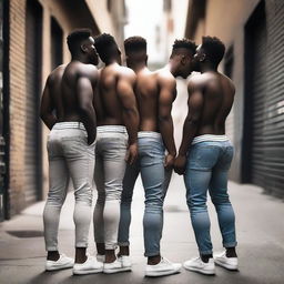 A group of young men with big butts wearing sagging pants with their underwear showing, standing in an urban environment