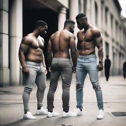 A group of young men with big butts wearing sagging pants with their underwear showing, standing in an urban environment