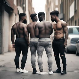 A group of young men with big butts wearing sagging pants with their underwear showing, standing in an urban environment