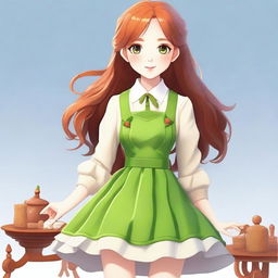 Create an image of a female character with bright green eyes, flawless white skin, and long ginger hair