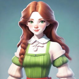 Create an image of a female character with bright green eyes, flawless white skin, and long ginger hair