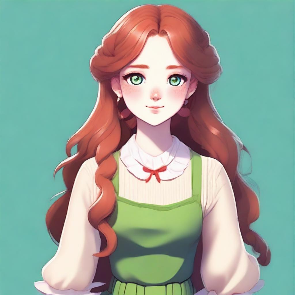 Create an image of a female character with bright green eyes, flawless white skin, and long ginger hair