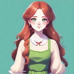 Create an image of a female character with bright green eyes, flawless white skin, and long ginger hair