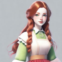 Create an image of a female character with bright green eyes, flawless white skin, and long ginger hair