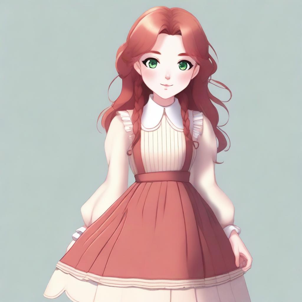 Create an image of a female character with bright green eyes, flawless white skin, and long ginger hair