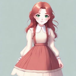 Create an image of a female character with bright green eyes, flawless white skin, and long ginger hair