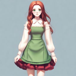 Create an image of a female character with bright green eyes, flawless white skin, and long ginger hair