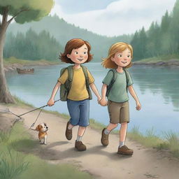 An inviting, easy-to-draw cartoon scene for a children's book showcasing Finn and Fiona walking home together, enthusiastically discussing their remarkable fishing adventure.