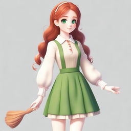 Create an image of a female character with bright green eyes, flawless white skin, and long ginger hair