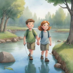 An inviting, easy-to-draw cartoon scene for a children's book showcasing Finn and Fiona walking home together, enthusiastically discussing their remarkable fishing adventure.