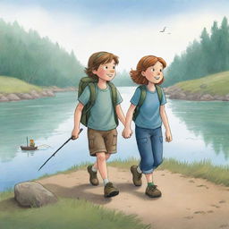 An inviting, easy-to-draw cartoon scene for a children's book showcasing Finn and Fiona walking home together, enthusiastically discussing their remarkable fishing adventure.