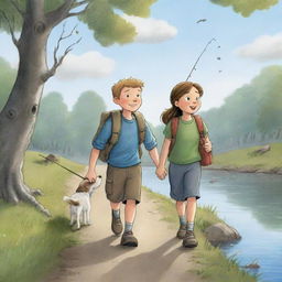 An inviting, easy-to-draw cartoon scene for a children's book showcasing Finn and Fiona walking home together, enthusiastically discussing their remarkable fishing adventure.