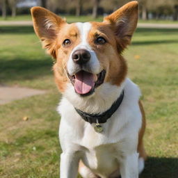 A playful, healthy and friendly dog, with shining eyes and a wagging tail, in a vibrant, sunny park.