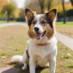 A playful, healthy and friendly dog, with shining eyes and a wagging tail, in a vibrant, sunny park.