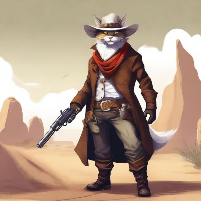 A Tabaxi gunslinger with white fur, dressed in rugged cowboy attire, complete with a hat and leather boots