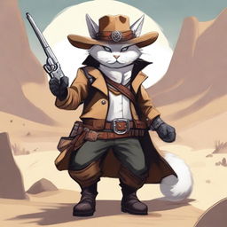 A Tabaxi gunslinger with white fur, dressed in rugged cowboy attire, complete with a hat and leather boots