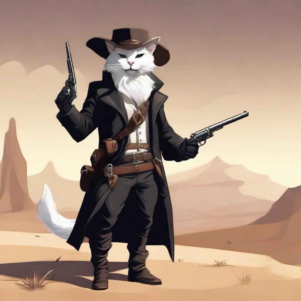 A Tabaxi gunslinger with white fur, dressed in dark clothing, complete with a hat and leather boots