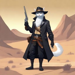 A Tabaxi gunslinger with white fur, dressed in dark clothing, complete with a hat and leather boots