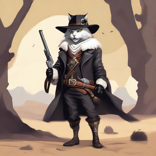 A Tabaxi gunslinger with white fur, dressed in dark clothing, complete with a hat and leather boots