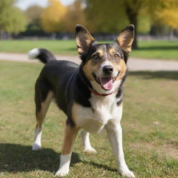 A playful, healthy and friendly dog, with shining eyes and a wagging tail, in a vibrant, sunny park.