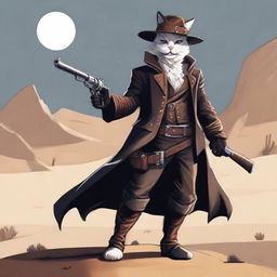 A Tabaxi gunslinger with white fur, dressed in dark clothing, complete with a hat and leather boots