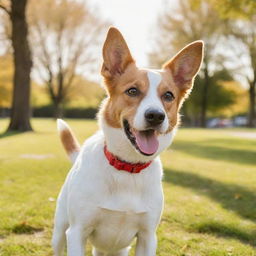 A playful, healthy and friendly dog, with shining eyes and a wagging tail, in a vibrant, sunny park.
