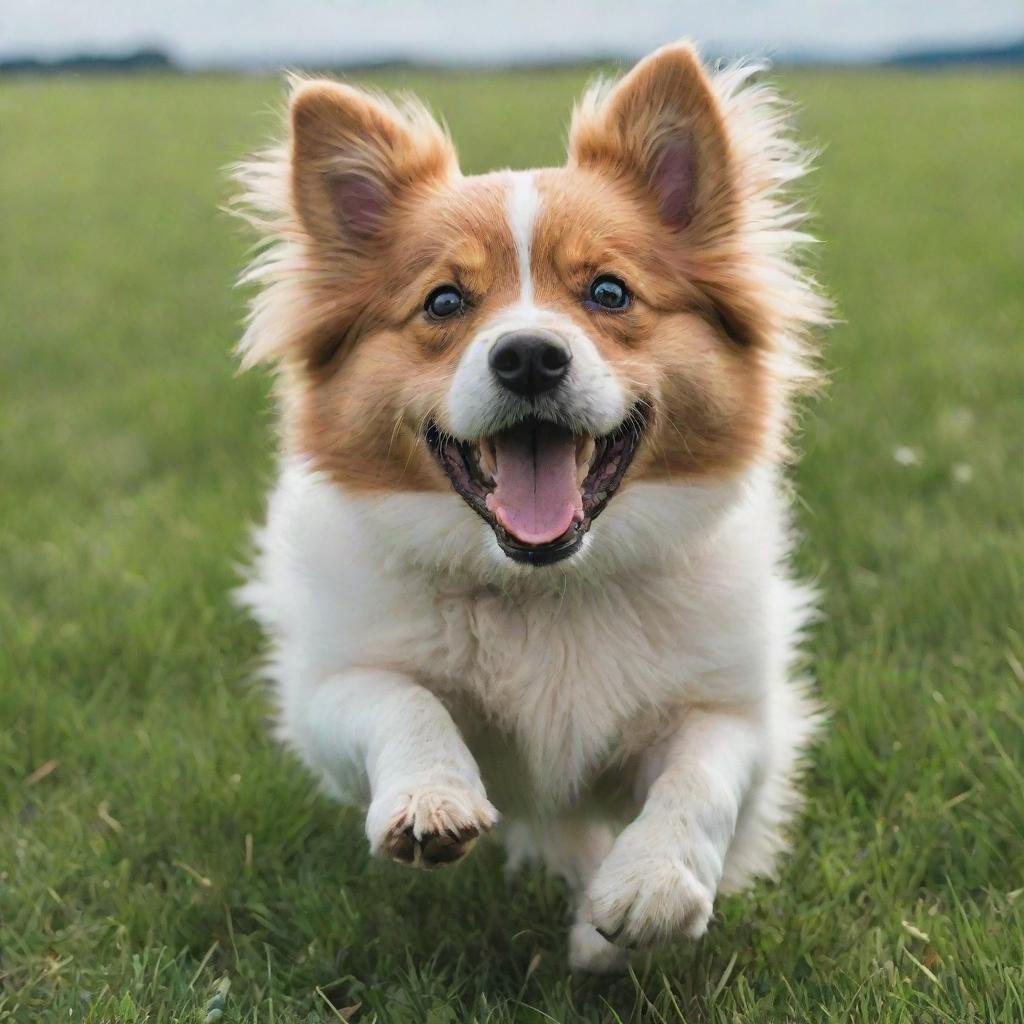 A happy, bounding dog with fluffy fur and bright eyes, playing in a lush, green field under a blue sky.