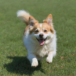 A happy, bounding dog with fluffy fur and bright eyes, playing in a lush, green field under a blue sky.