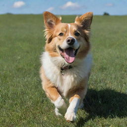 A happy, bounding dog with fluffy fur and bright eyes, playing in a lush, green field under a blue sky.