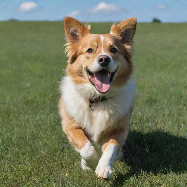 A happy, bounding dog with fluffy fur and bright eyes, playing in a lush, green field under a blue sky.